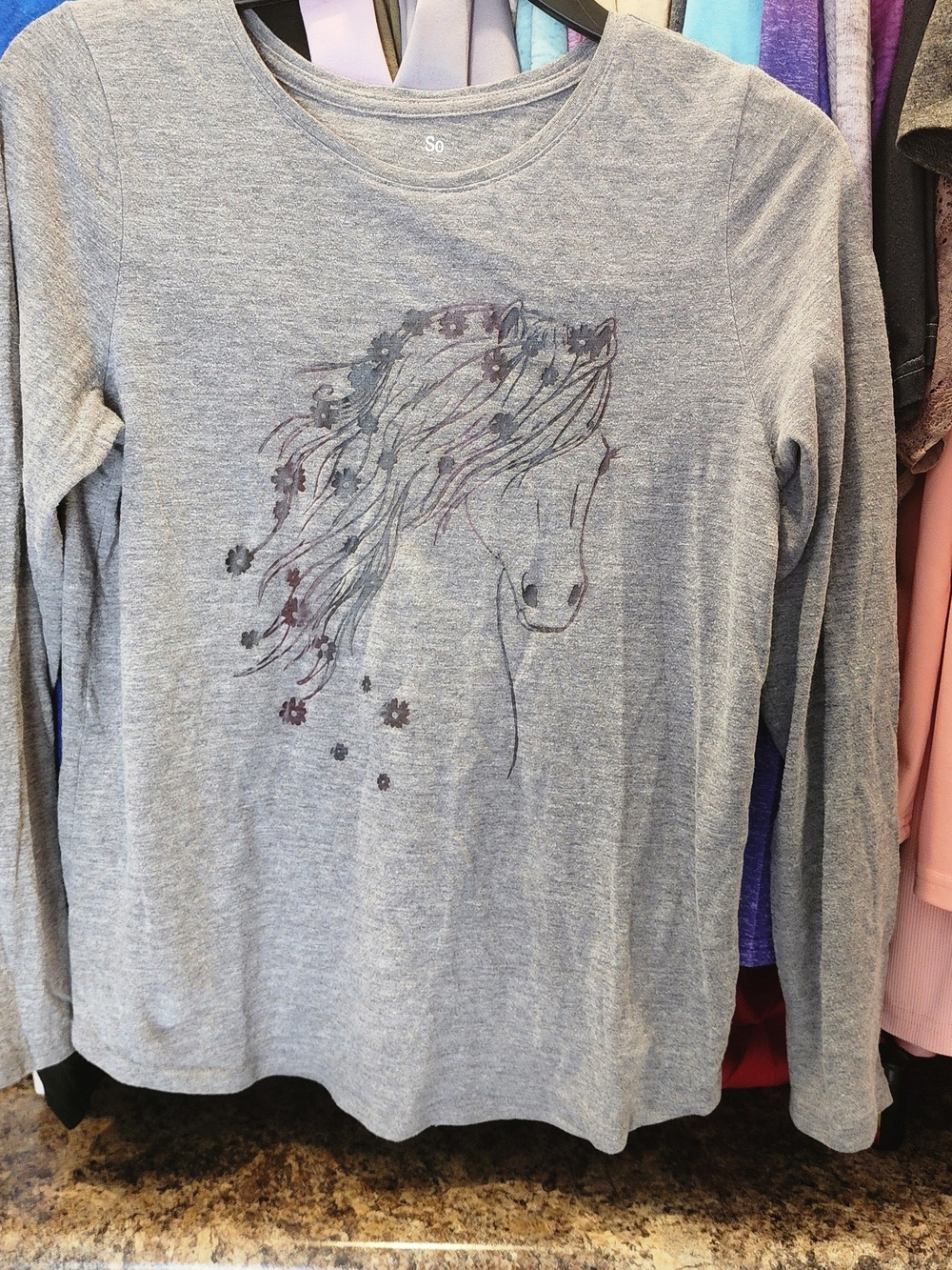 SO Gray Long-Sleeve Horse Graphic Tee